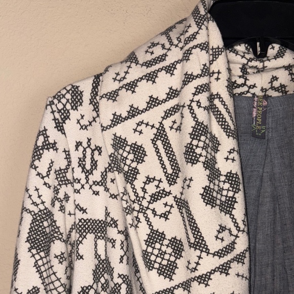 Free People Cream w/ Gray/Black Printed Cross Stitch Design Open Front Jacket - Picture 4 of 14